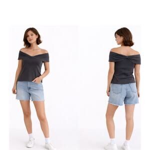 Cider Ribbed Knit Top Blouse Women XS Dark Gray Ruched Off Shoulder Minimalist